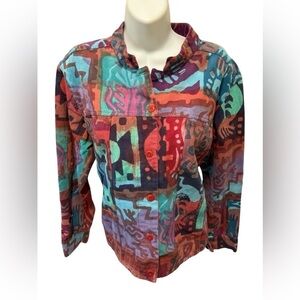 VTG Artsy Boxy Jean Jacket Sz M Colorful Graffiti Print Cotton Pockets Casual